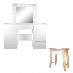 Masa de toaleta/machiaj + Taburet Vintage, alba, cu oglinda si LED-uri, Vanessa, 130x43x143 cm foto