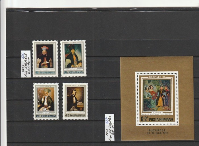 ROMANIA 1973 LP 826 LP 827 EXPOZITIA FILATELICA SOCFILEX III SERIE+COLITA MNH NESTAMPILATE