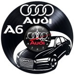 Ceas Perete Decorativ Audi A6 din Disc Vinil Negru 30cm, Sigla 4 Inele, Mecanism Silentios, Design Limuzina