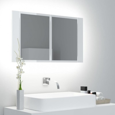 vidaXL Dulap de baie cu oglindă și LED, alb extralucios 80x12x45 acril foto