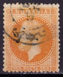 Cumpara ieftin ✅ RO 1872 LP 38g ," Carol I - PAris ", 25 bani portocaliu inchis cadru deplasat in jos , stampilat , mici subtieri