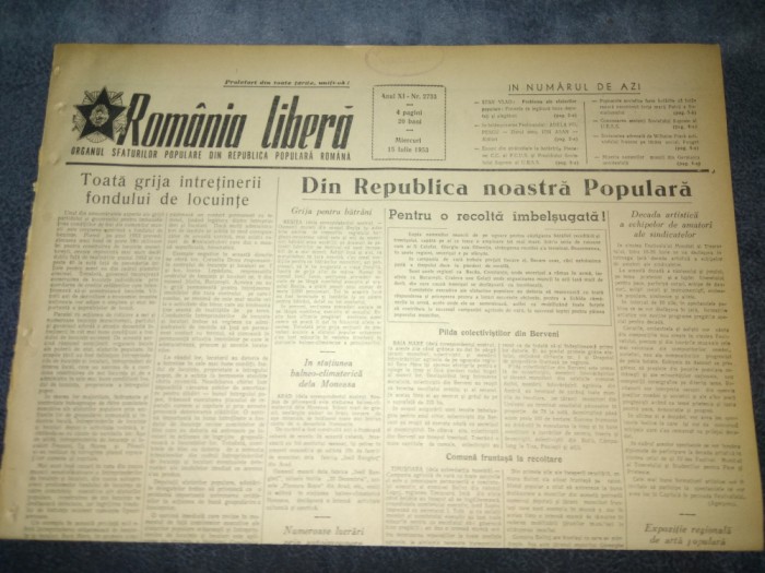 ZIARUL ROMANIA LIBERA 15 IULIE 1953