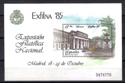 Spania 1985 - Expozitia Nationala Filatelica EXFILNA &amp;#039;85, Madrid, Colița, MNH foto