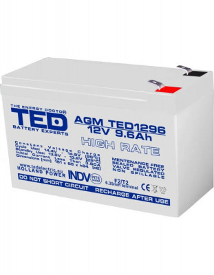 Acumulator 12V, TED Electric High Rate, Dimensiuni 151 x 65 x 95 mm, Baterie 12V 9.6Ah F2 foto