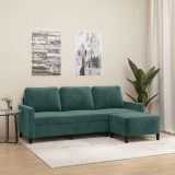 vidaXL Canapea cu 3 locuri și taburet, verde &icirc;nchis, 180 cm, catifea