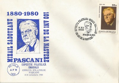 Rom&amp;acirc;nia, Mihail Sadoveanu, 100 de ani de la naştere, plic, Paşcani, 1980 foto
