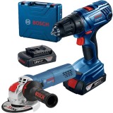 Bosch GSR 180-LI + GWX 9-125 S X-LOCK - Masina de gaurit si insurubat cu 2 acumulatori Li-Ion 18 V 2 Ah 54 Nm valiza plastic + Polizor unghiular cu fi