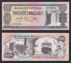 GUYANA █ bancnota █ 20 Dollars █ 1989 █ P-27 (2) █ semnatura 9 █ UNC █ necirculata