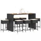 Set mobilier bar de grădină cu perne, 9 piese, negru, poliratan