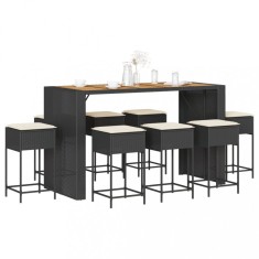 vidaXL Set mobilier bar de gradina cu perne, 9 piese, negru, poliratan foto