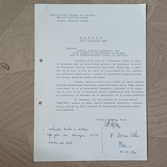 RAPORT AL COL.FLORESCU VASILE IN LEGATURA CU NISTE AFIRMATII ALE LUI DINCA ION.