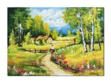Cumpara ieftin Tablou peisaj feeric de la munte pictat manual, La bunici, 70x50cm ulei pe panza, Constantin Feraru