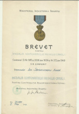 Brevet Medalia Centenarului Regelui Carol I - 2 mai 1940 foto