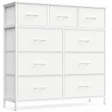 Comoda SONGMICS cu 9 sertare textile, cadru metalic si blat MDF, alba