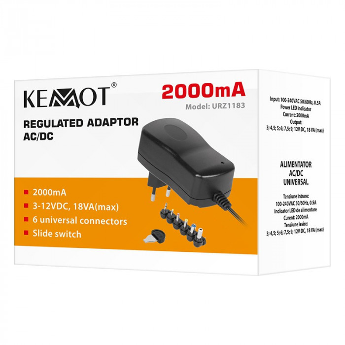 Alimentator stabilizat 2A 24W 3-4-5-6-7-9-12V + 6 conectori KEMOT URZ1183