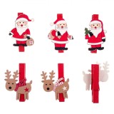 Clestisori Lemn Mos Craciun Cerbi, 5x3cm, Set 6 Buc, Rosu