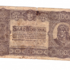 Bancnota Ungaria 100 korona/coroane 1 iulie 1923, uzata rau, patata