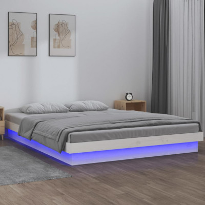 vidaXL Cadru de pat cu LED Super King 6FT, alb, 180x200 cm, lemn masiv foto