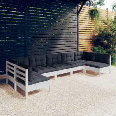 vidaXL Set mobilier grădină cu perne, 7 piese, alb, lemn masiv de pin