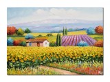 Cumpara ieftin Tablou peisaj cu floarea soarelui si lavanda pictat manual, 70x50cm ulei pe panza in cutit efect 3D