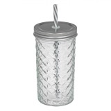 Pahar Sticlă, Model Reliefat, Capac Metalic, Pai Reutilizabil, Capacitate 600ml, Transparent, Oem