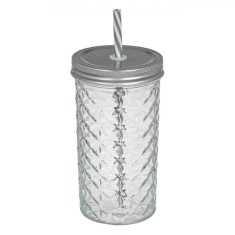 Pahar Sticlă, Model Reliefat, Capac Metalic, Pai Reutilizabil, Capacitate 600ml, Transparent