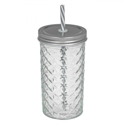 Pahar Sticlă, Model Reliefat, Capac Metalic, Pai Reutilizabil, Capacitate 600ml, Transparent foto