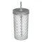 Pahar Sticlă, Model Reliefat, Capac Metalic, Pai Reutilizabil, Capacitate 600ml, Transparent