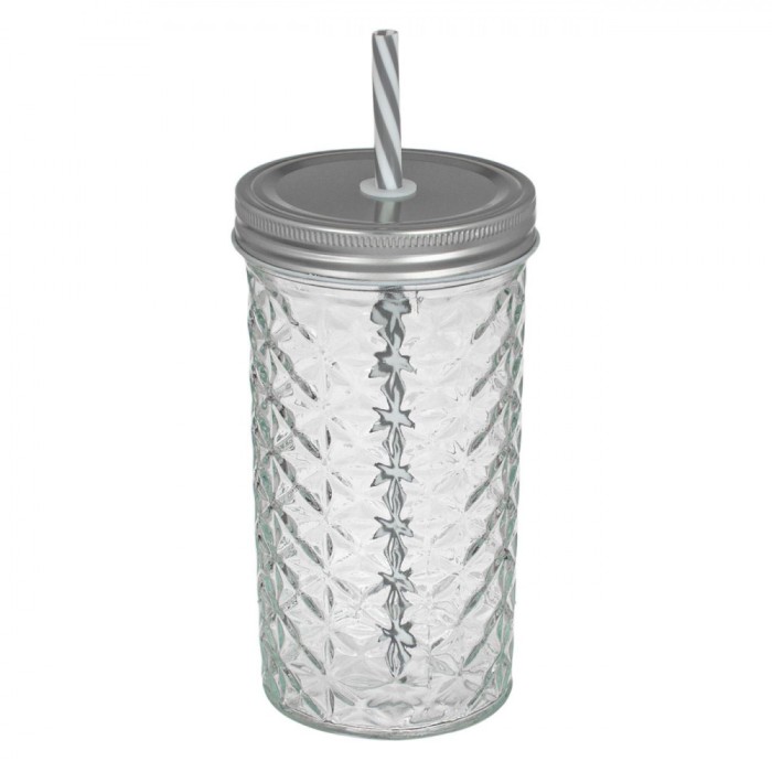 Pahar Sticlă, Model Reliefat, Capac Metalic, Pai Reutilizabil, Capacitate 600ml, Transparent