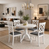 Set masa living rotunda Montreal, lemn masiv, MDF, 90x73.8 cm si 4 scaune Vienna, tapiterie stofa, 94x49x40 cm, alb gri