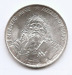 San Marino 1000 Lire 1980 (Saint Benedict) Argint 14.6 g/835, 31.4 mm KM-112 (3) foto