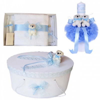 Set trusou botez, cutie trusou si lumanare, Ursulet, dantela bleu, Denikos&amp;reg; 468 foto