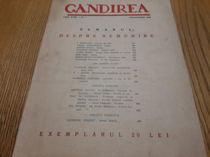 GANDIREA - Anul XVIII Nr. 7, Sept. 1939 - Despre NEMURIRE - Nichifor Crainic