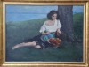 Fata cu coş cu mere, pictură mare semnată indescifrabil, deosebită, Scene gen, Ulei, Realism