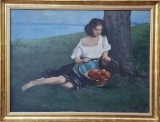 Fata cu coş cu mere, pictură mare semnată indescifrabil, deosebită, Scene gen, Ulei, Realism