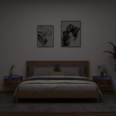 Gossi noptiere montate pe perete cu lumini led, 2 buc.,stejar fumuriu foto