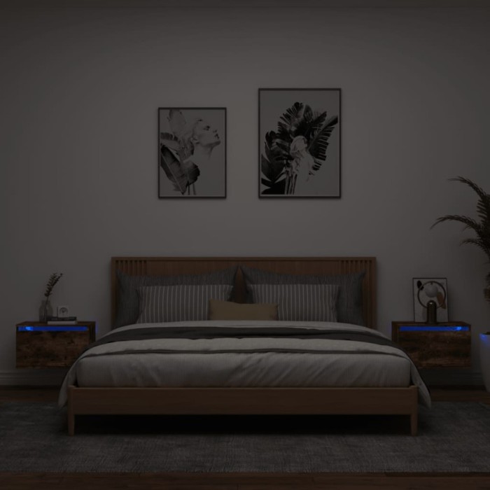 Gossi noptiere montate pe perete cu lumini led, 2 buc.,stejar fumuriu