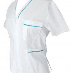 Halat Medical Pe Stil, Alb cu Fermoar si garnitura turcoaz inchis, Model Adelina - 2XL