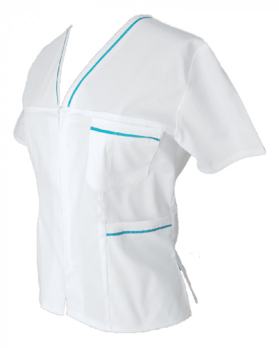 Halat Medical Pe Stil, Alb cu Fermoar si garnitura turcoaz inchis, Model Adelina - 4XL