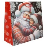 Sacosa cadou de Craciun cu Mos Craciun si fetita, 45x20x45 cm, rosie cu sclipici, CMCLASS