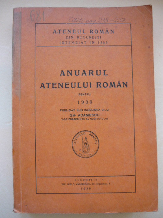 ANUARUL ATENEULUI ROMAN - 1938