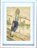 Toader Schipor- Tablou 1962 Portret de Copil cu carte, pictura &icirc;n acuarele &icirc;nrămată 33x43 cm