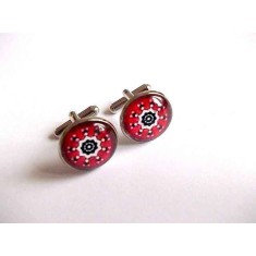 Bijuterie cadou barbati, butoni model ornamental rosu, alb si negru, butoni camasa 33390