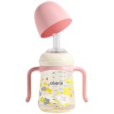 Cana cu pai pentru bebelusi Oberni, anti-varsare, cu manere detasabile si pai cu greutate, 240 ml, fara BPA, PPSU, culoare Roz