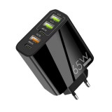 Incarcator Retea Fast Charge cu 5 Porturi, 3x USB, 2x Type-C, Compatibil iPhone, Samsung, Laptop, Negru, PRINTERY