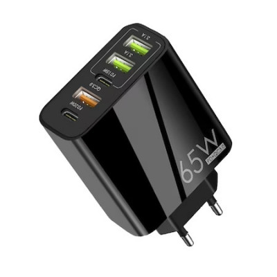 Incarcator Retea Fast Charge cu 5 Porturi, 3x USB, 2x Type-C, Compatibil iPhone, Samsung, Laptop, Negru foto