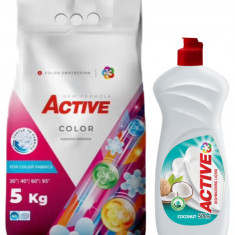 Detergent pudra pentru rufe colorate Active, sac 5kg, 68 spalari + Detergent de vase lichid Active, 0.5 litri, cocos