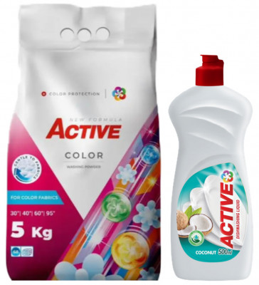 Detergent pudra pentru rufe colorate Active, sac 5kg, 68 spalari + Detergent de vase lichid Active, 0.5 litri, cocos foto