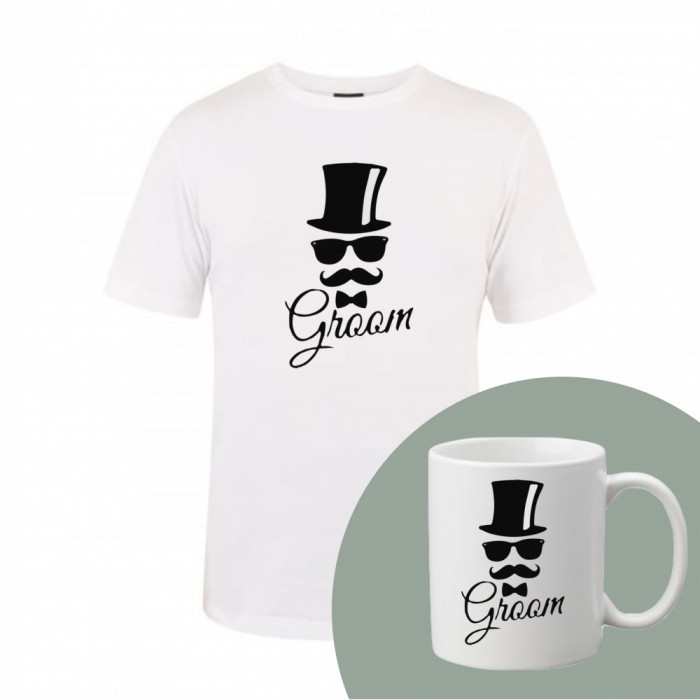 &quot;Groom&quot; Set Personalizat &ndash; Tricou + Cană Alb XXL