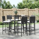 VidaXL Set bar de grădină, 7 piese, cu perne, negru, poliratan